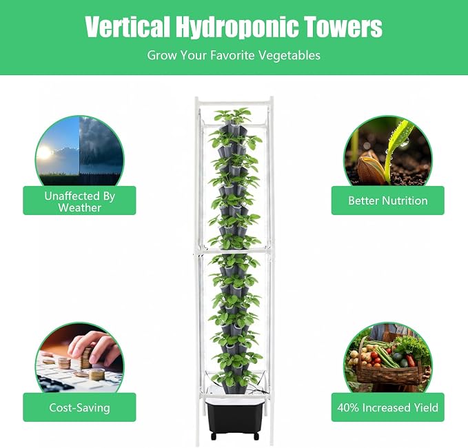 70 Holes Indoor Hydroponic Grow Tower with 8 LED Lights, 14 Layer Vertical Hydroponic Gardening Tower with Wheels, Timer, Garden Growing System Kit or Home, Office, Balcony, Kitchen, 84.64'' H