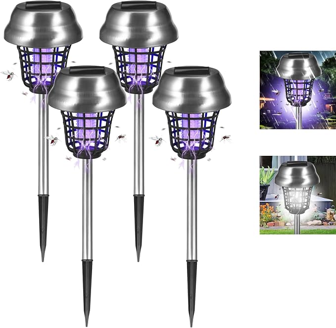 Solar Bug Zapper Outdoor Waterproof Solar Powered Mosquito Repellent Outdoor Patio,Cordless & Auto On/Off Trap Purple & White Light for Gnat Fly Insect Zapper for Garden Backyard for Outside,4 Pack