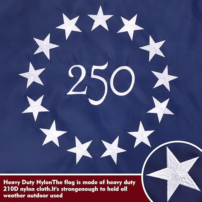 Embroidered 250 Years USA Anniversary 3x5 FT Outside Flag - Embroidered Star, Heavy-Duty Outdoor, Fade-Resistant, Reinforced Stripes & Brass Grommets Patriotic High Wind US Flags