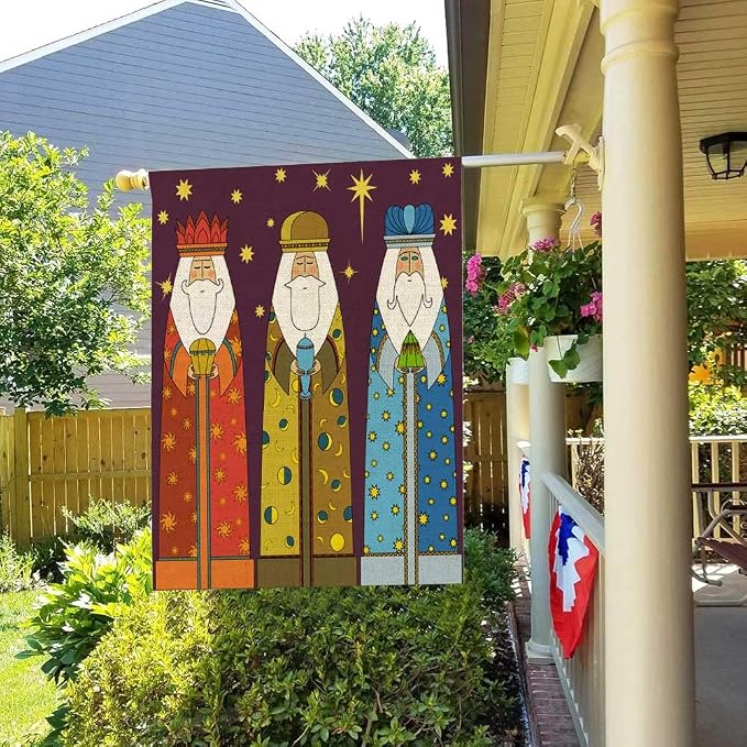 EMMTEEY Christmas Three Kings Wise Men Burlap Garden Flag - Large 28 X 40 Double Sided Winter Flag for Outside Holiday Decoration