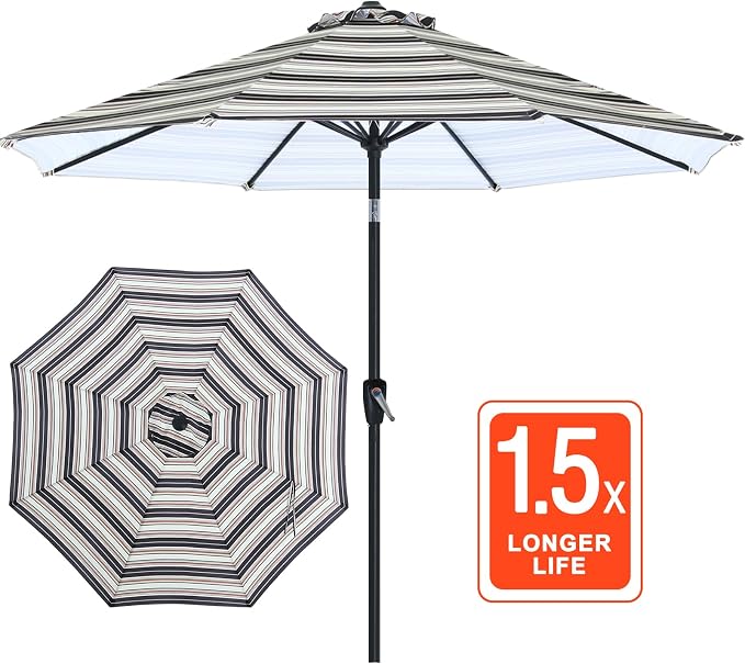ABCCANOPY 9FT Outdoor Patio Umbrella, 8 Ribs Table Umbrella w/Crank for Easy Set Up, Suitable for Garden, Lawn, Deck & Backyard (Dark Blue Stripes)