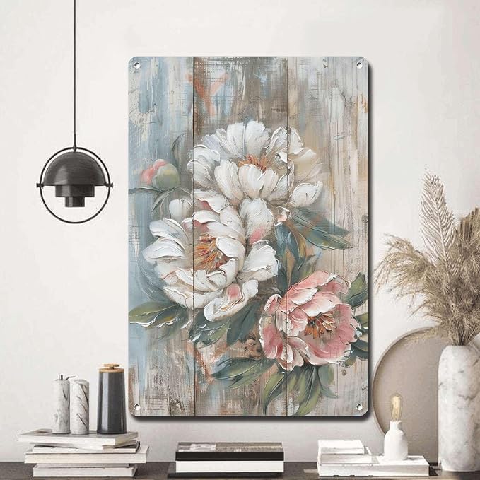 Metal Sign Tin Sign Vintage Wall Art Rustic Display Peony Tin Sign for Easy Installation Weather Resistant Design and Vintage Grandeur Garden Tin Sign for Pub 8×12 Inches