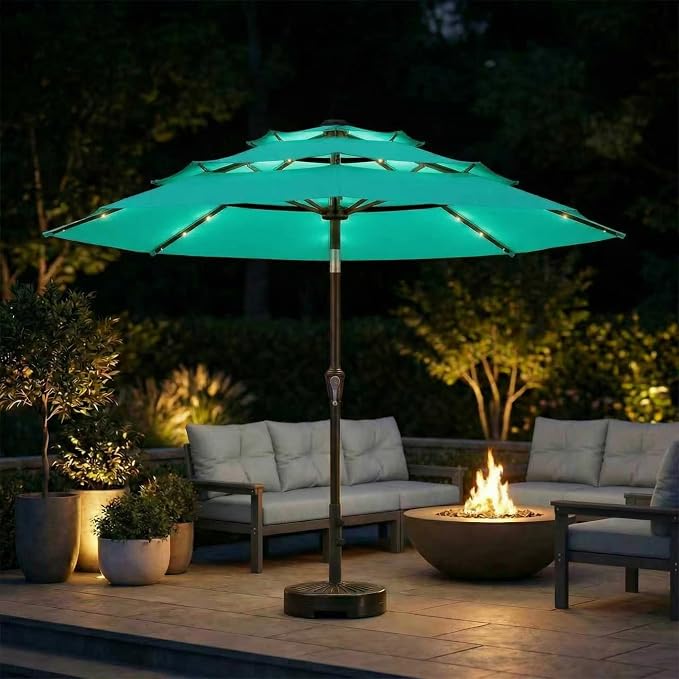 10FT Patio Umbrella 3 Tiers with LED Light Outdoor Market Umbrella w/Push Button Tilt, Crank, UV and Waterproof Table Umbrella for Garden, Pool, Backyard, Deck, Lawn, Turquoise Blue
