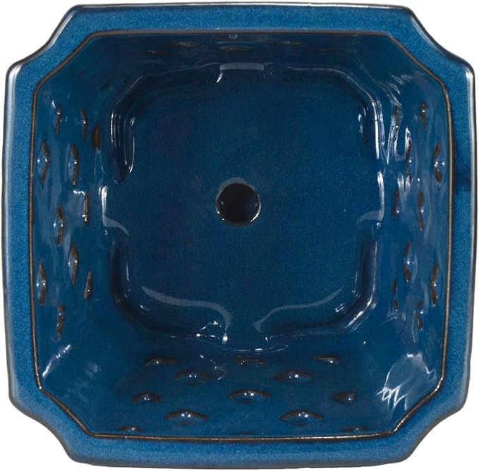 W&W Ceramic Orchid Pot with Holes and Saucer for Repotting, Blue, 7"