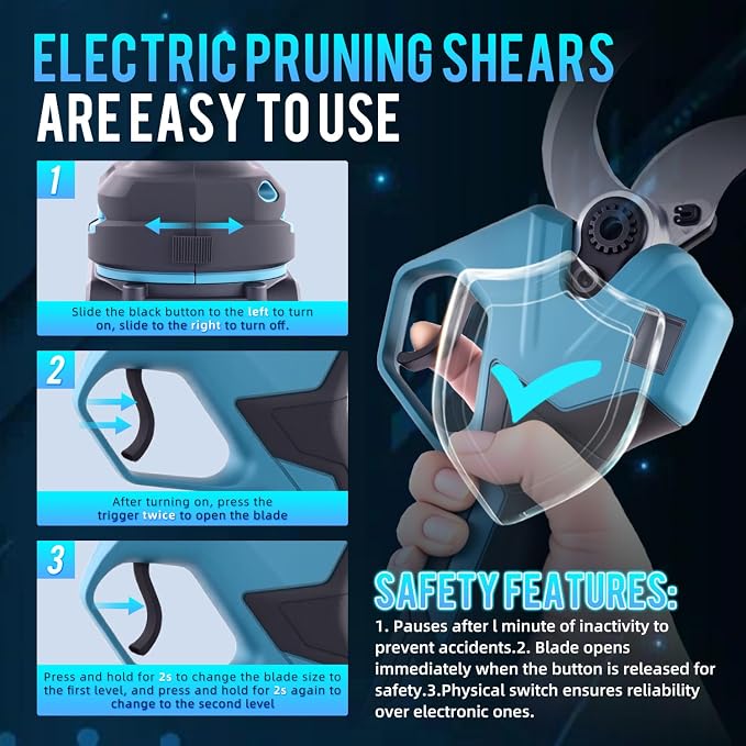 RYOJEGK 1.6" Brushless Electric Pruning Shears with 2x2.0Ah Battery | cordelss,Power Pruner Cuts,Branches up to 1.6",Brushless Motor,Safety Lock, SK5 Steel Blade for Garden Tree Pruner Branch