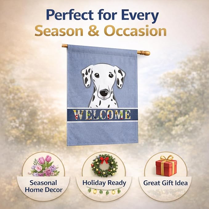 Caroline's Treasures BB1396CHF Dalmatian Welcome House Flag, Blue Large Porch Sleeve Pole Decorative Outside Yard Banner Artwork Wall Hanging, Polyester, House Size, Multicolor