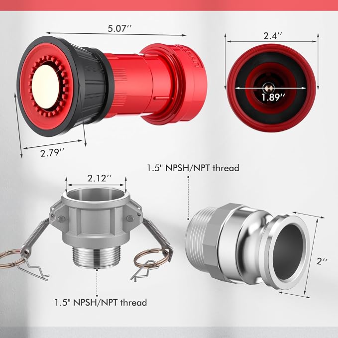 MorningRo 2 Fire Hose Nozzles Npsh/Npt Heavy-duty Industrial hose jet nozzle Thermoplastic Equipment Spray Fog with Aluminum Female and Male Aluminum Camlock Fitting for garden pool (1.5 Inches)