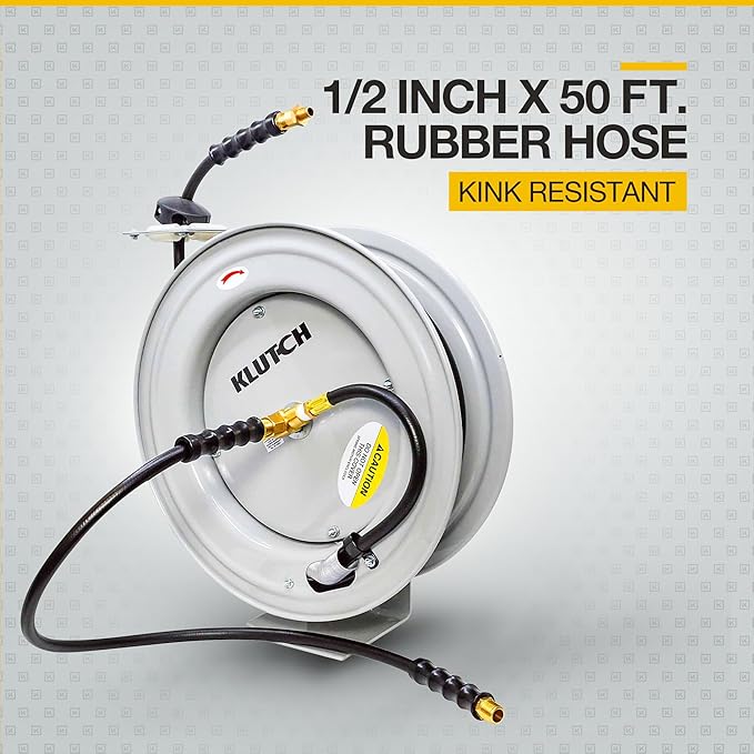 Klutch Auto Rewind Air Hose Reel - with 1/2in. x 50ft. Rubber Hose, 300 PSI