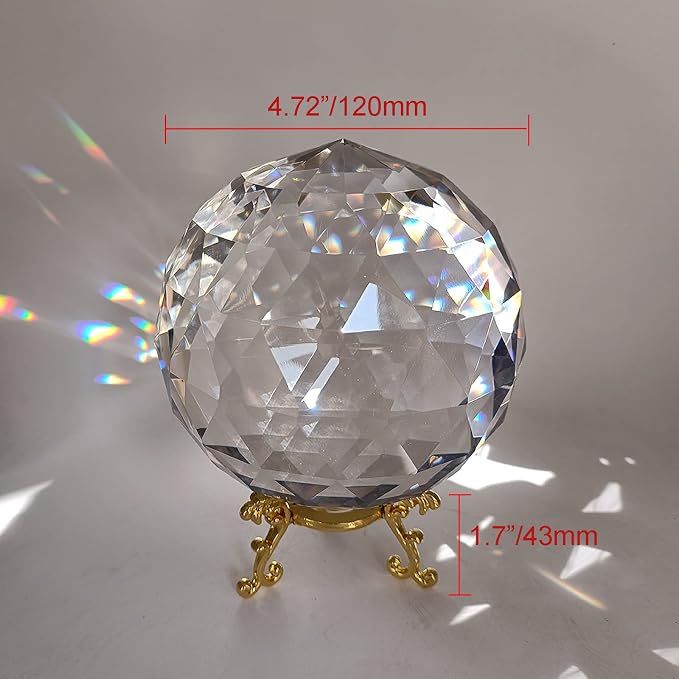 Tirifer Clear Glass Crystal Ball Prisms with Stand, Window Rainbow Maker Sphere Faceted Gazing Ball for Home Décor, Christmas, Wedding, Suncatcher (120mm/4.72in)