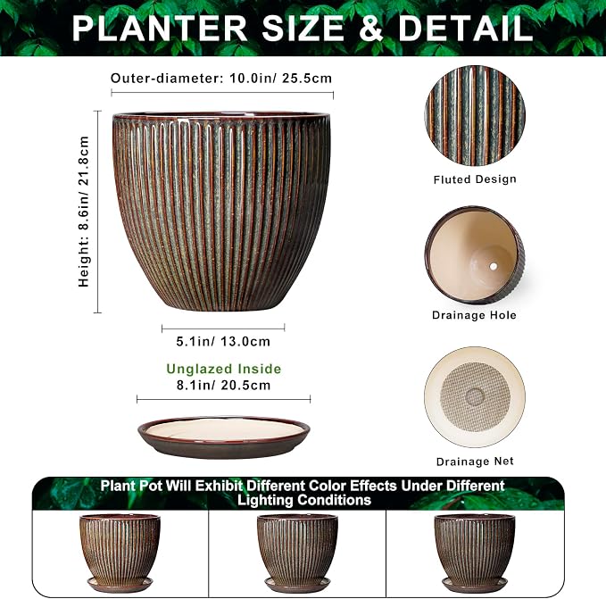 Ceramic Pots for Plants, 10 Inch Planters for Indoor Plants, Decorative Planter with Drainage Hole and Saucer, Round Indoor Plant Pots, Modern Planter, House Decor, Women Men Gifts, Retro Brown