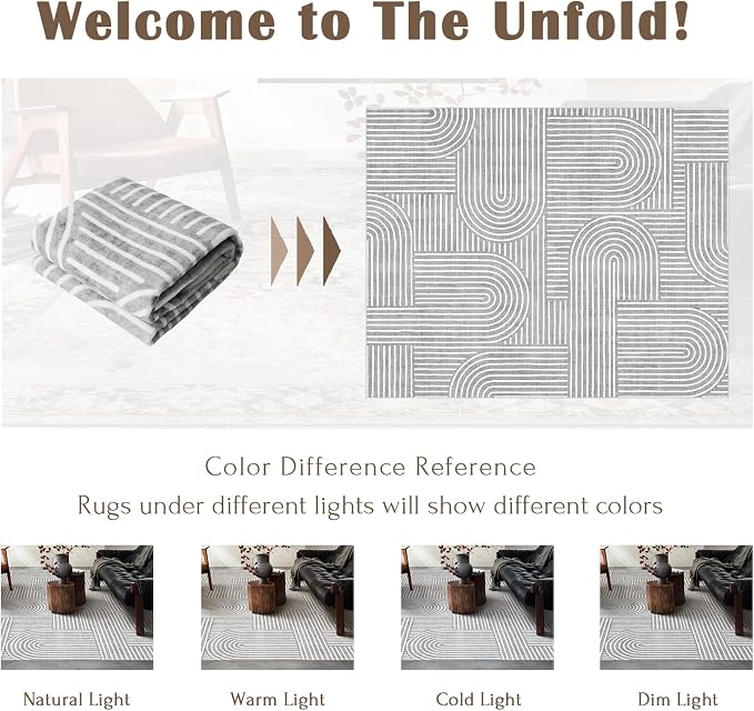 LUXRUG Washable Area Rug 8x10 Large Abstract Grey Boho Rugs for Living Room | Ultra-Thin Modern Abstract Rainbow Dining Room Rugs Non-Slip Indoor Carpet for Living Room Nursery Room Office Home Decor