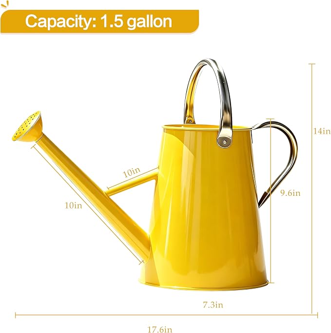 Metal Watering Can with Stainless Steel Handle for Outdoor and Indoor Plants, Watering Can Decor, 1.5 Gallon (Yellow)