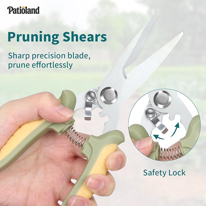 4-Piece Green Garden Tools Set,Patioland Ergonomic Gardening Hand Tools w/Hand Trowel,Cultivator Rake,Pruning Shear & Gloves for Planting Weeding,Yard Tools Gift for Women Men Gardender Plant Lovers