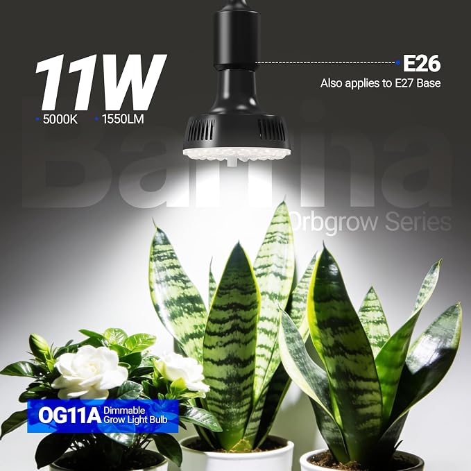 Barrina Orbgrow OG11A Grow Light Bulbs for Indoor Plants, Integrated Dimming & Timing, 5000K 11W(100 Watt Equiv), E26 Plant Light Bulb, Full Spectrum, High PPFD for Seeds and Greens, 1 Pack, Black