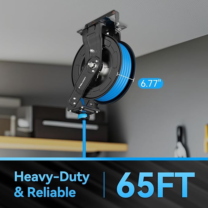 Relhost Retractable Air Hose Reel, 65 ft x 3/8 in Hybrid Air Hose Max 300PSI, Heavy Duty Air Compressor Hose Reel with Dual Arms, Auto Rewind, 180° Swivel Ceiling/Wall Mount for Garages, Workshops