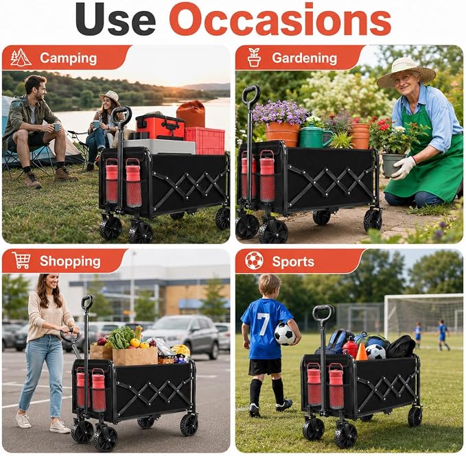 Collapsible Wagon Cart with Wheels, Compact 360 lb Folding Utility Wagon | 120L compact wagon with 360 lb support, 11 lb lightweight design, adjustable handle, 2 cup holders and all-terrain wheels