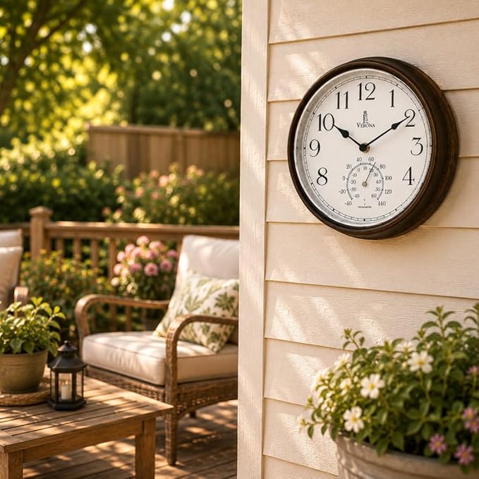 Outdoor Clocks for Patio Waterproof with Thermometer — 9.5 Inch Indoor Outdoor Wall Clock with Temperature Display — Weatherproof, Accurate & Easy to Read for Pool, Garden & Home Decor