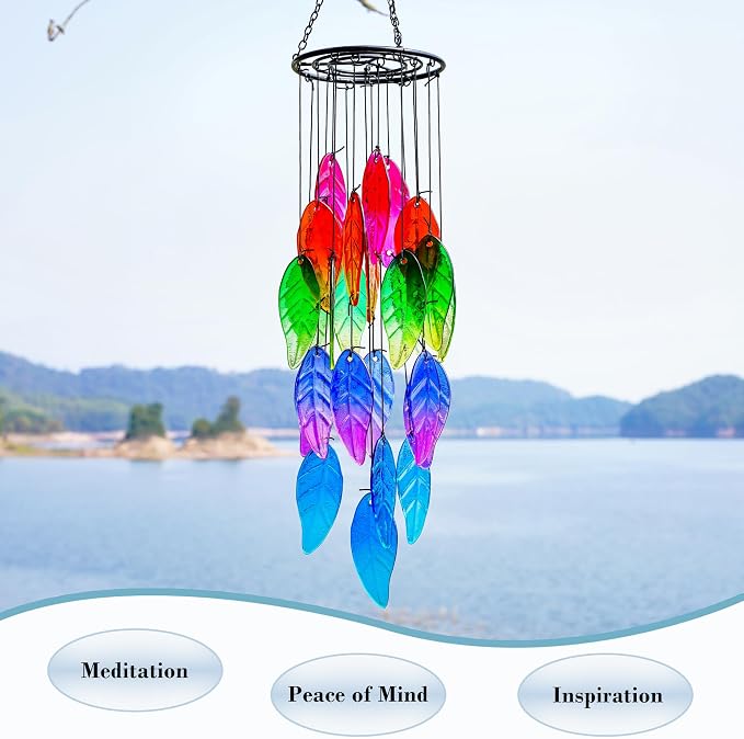 18'' Stained Glass Leaves Wind Chimes for Outside Unique Rainbow Leaves Forest Windchimes Outdoor Decoration Garden Ornament for Christmas Tree