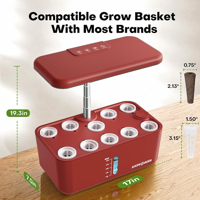 Ahopegarden Hydroponics Growing System: 10 Pods Indoor Herb Garden with LED | Plant Germination Kit with Growth Lamp, Countertop Hydroponic Planter for Fresh Herbs, Vegetables & Lettuce Lovers, Red