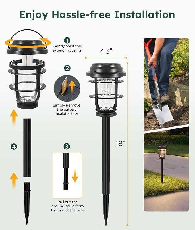Vuees 6-Pack Solar Pathway Lights, 3-in-1 Design Outdoor Garden Patio Decor | 3000K warm glow, stake, tabletop or hanging setup, no wiring, rain-ready build, walkway, poolside and deck placement