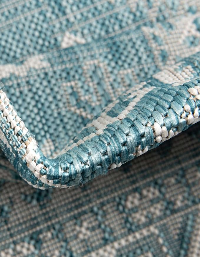 Unique Loom Outdoor Aztec Collection Area Rug - Chalca (10' Round, Aqua/ Ivory)