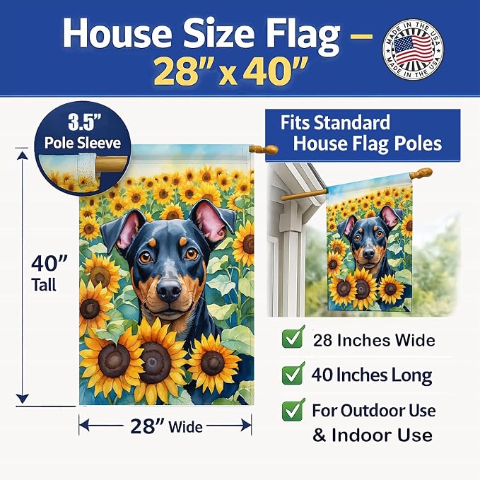 Caroline's Treasures DAC6119CHF Manchester Terrier in Sunflowers House Flag Large Porch Sleeve Pole Decorative Outside Yard Banner Artwork Wall Hanging, Polyester, House Size, Multicolor