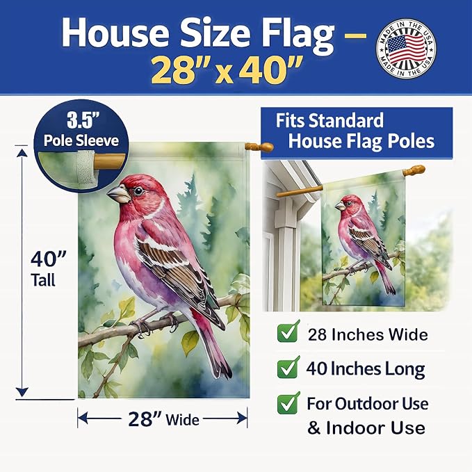 Caroline's Treasures New Hampshire Purple Finch House Flag Large Porch Sleeve Pole Decorative Outside Yard Banner Artwork Wall Hanging, Polyester, House Size, Multicolor