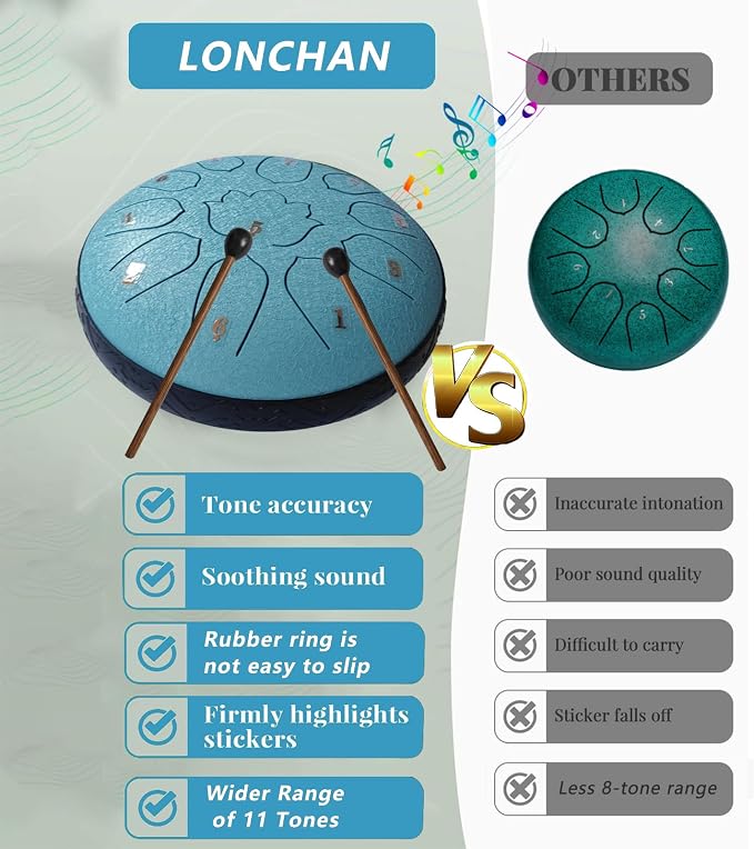 Steel Tongue Drum 11 Notes 6 Inches, Rain Drum for Outside with Bag, Music Book, Mallets, Finger Picks, Stickers – Meditation & Yoga Steel Drum