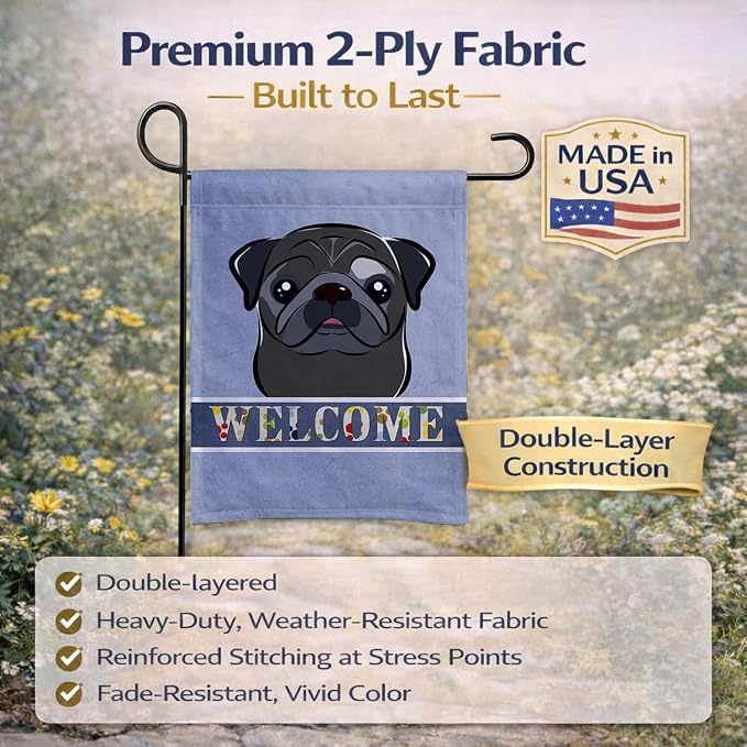 Caroline's Treasures BB1449GF Black Pug Welcome Garden Flag, Blue Mailbox Flag Decorative Yard Flag Banner Outside Patio Artwork Yard Flower Beds, Garden Size, Multicolor