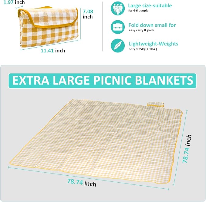 Coldcool Outdoor Picnic Blanket, Extra Large Beach Blanket, Waterproof Sand Proof Foldable Portable Picnic Mat for Outdoor Camping Hiking Travel Grass Music Festival Lawn Mats, 80" x 60", Yellow
