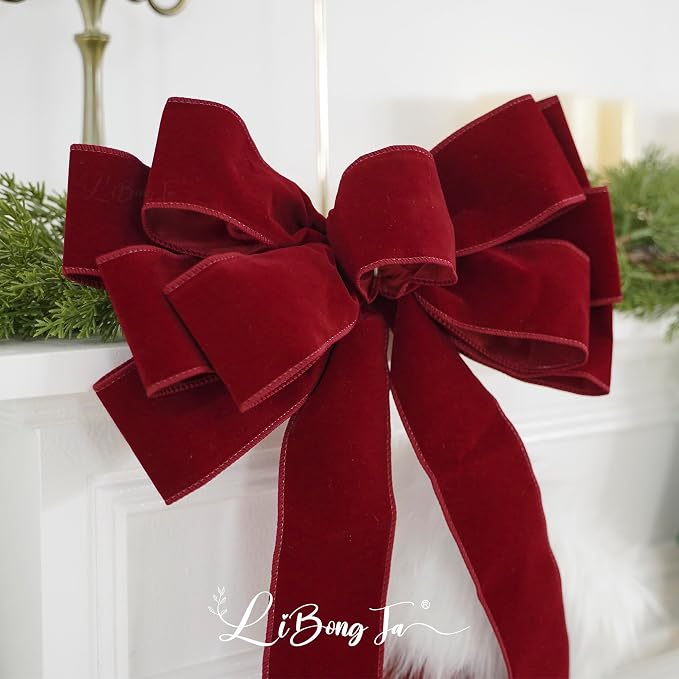 13" Red Bow Pre-Tied Bow for Christmas Tree, Red Velvet Ribbon Bow for Wreaths, Tree Toppers Bow, Premade Bow, Gift Bow for Party Favor, Christmas Home Indoor Outdoor Decor-1 Counts