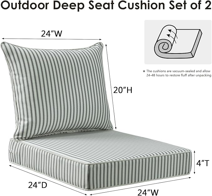 Unimatta Outdoor Patio Chair Cushions Set, 24" x 24", Set of 2, Water-Repellent, Fade Resistant, Deep Seat Bottom and Back Cushion for Backyard, Couch, Sofa and Patio Furniture, Black and White