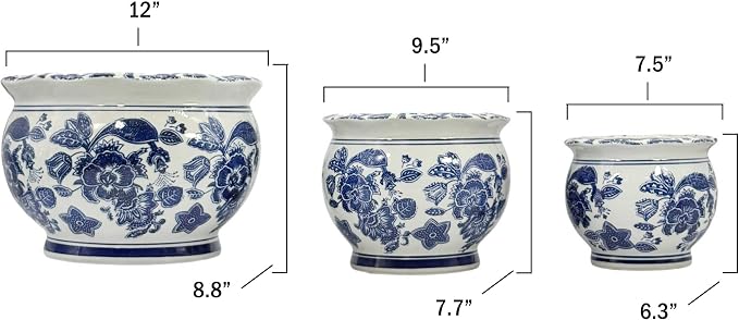 Galt International Floral Blue & White Round Porcelain Ceramic Plant Flower Planter Pot Set of 3 (8", 10", 12") Garden Pots Chinese Asian Design
