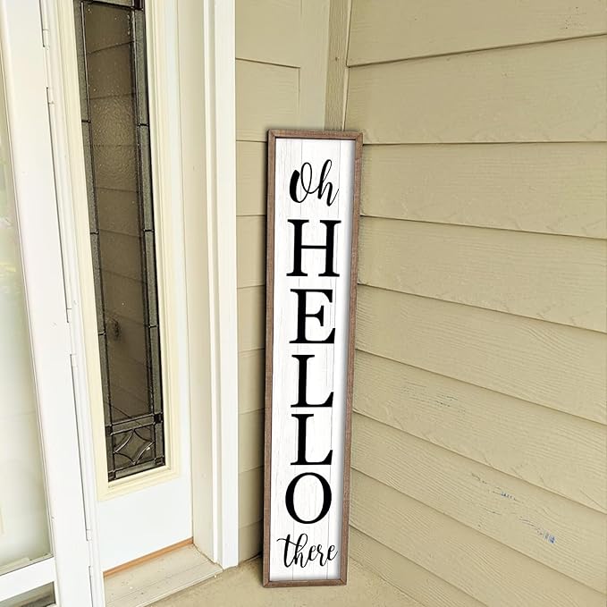 Oh Hello There Outdoor Welcome Sign For Front Porch Standing 45"X9" Large Rustic Farmhouse Vertical Tall Long Wooden Framed Outside Front Door Home Wall Decoration (Wood White)