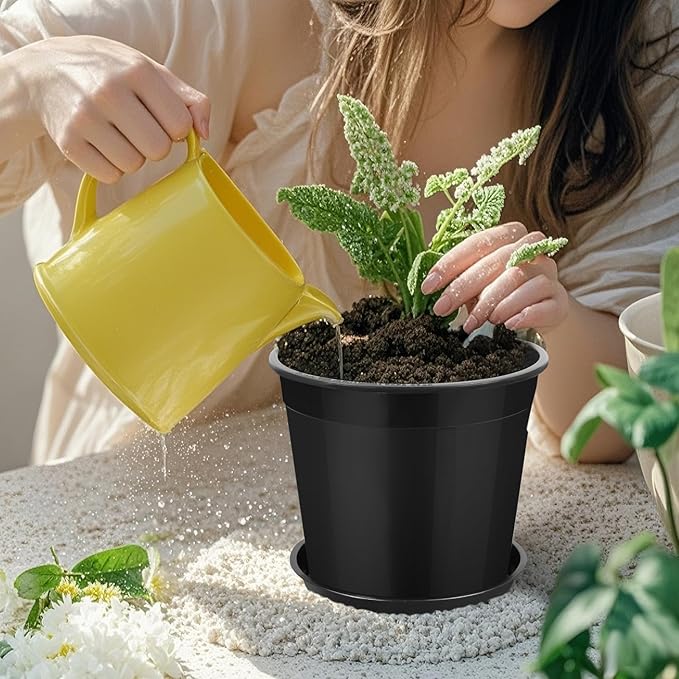 FUIJOL 3 Gallon Plastic Pots with Drip Trays, Sturdy Gallon Plant Pots with Drainage Holes, Large Gallon Pots for Flowers, Ideal for Indoor and Outdoor Use (3Gallon-6PACK)