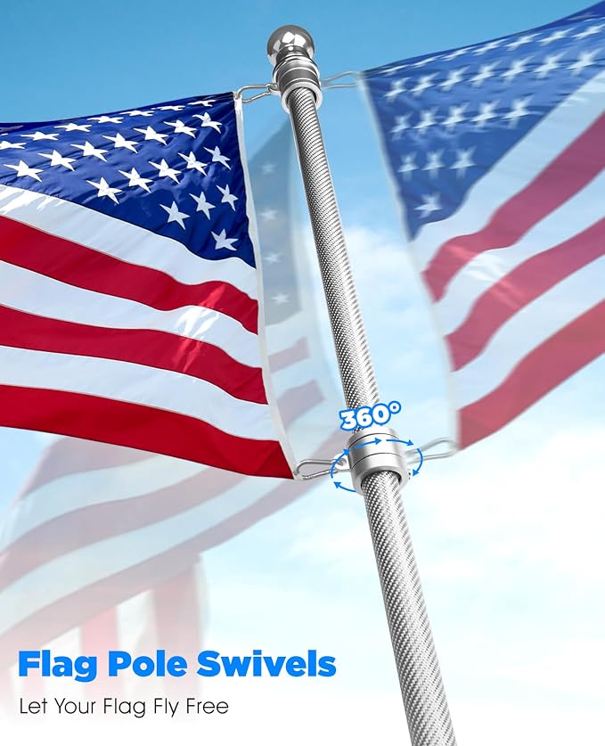 6FT Carbon Fiber Flag Pole for Outside House – Silver Porch Flagpole, 1 Inch Diameter, Rustproof, 360° Rotating Flag Rings & Stainless Steel Carabiners Included, for All Weather (2, silver 6ft)