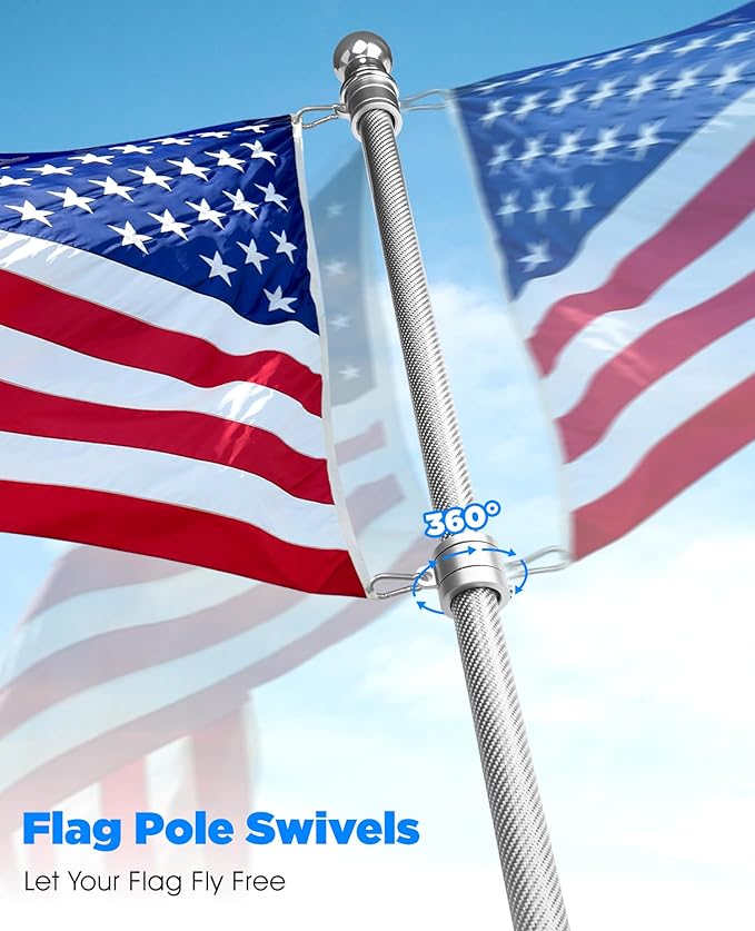 6FT Carbon Fiber Flag Pole for Outside House – Silver Porch Flagpole, 1 Inch Diameter, Rustproof, 360° Rotating Flag Rings & Stainless Steel Carabiners Included, for All Weather