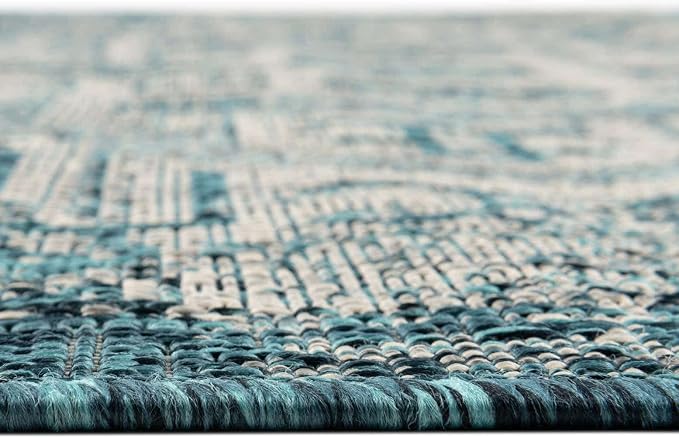Unique Loom Outdoor Aztec Collection Area Rug - Coba (10' Round, Teal/ Ivory)