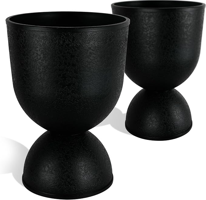KOL Planters Flower Pots, Plastic Urn Planters for Indoor Outdoor Plants, Black Pedestal Planter Pots 2 Pack, 18 Inch Tall Decorative Planters with Drainage Holes & Plugs for Front Porch Patio Garden
