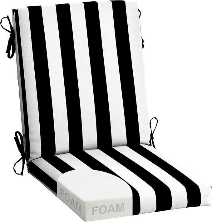 Arden Foam Patio Dining Outdoor Chair Cushions, 20 x 44, Premium High-Density Foam, Never Flattens, Weather-Proof for Outdoor Chairs, Black Cabana Stripe
