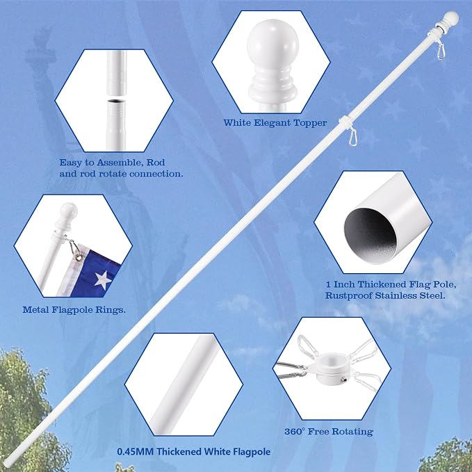 BONWIN White Flag Pole Kit for Outside House, 7 FT Thickened Stainless Steel Wall Mount Flag Pole for 3x5'/ 4x6' American Flag, 1" Anti-Wrap Spinning Flagpole Rings Hardware Kits for Porch Yard