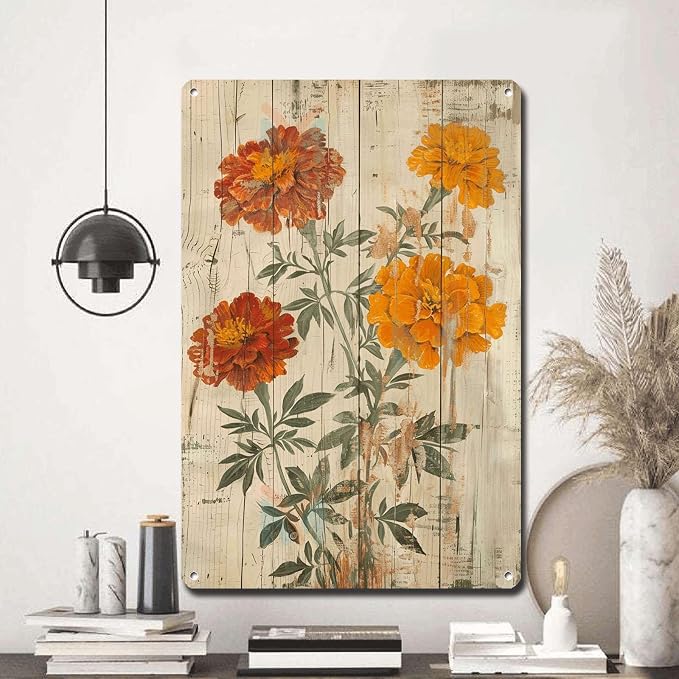 Metal Sign Tin Sign Vintage Wall Art Shabby Chic Marigolds Tin Sign for Rustic Joy Antique Garden Symbolism and Distressed Wood Panels Funny Outdoor Decor for Club 12×16 Inches