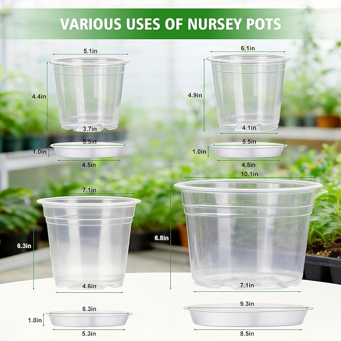 5/6/7/10 Inch Clear Nursery Pots with Drainage Holes and Saucers, 16 Pack Large Plastic Plant Pots for Seedlings, Succulents, Herbs, Flowers & Vegetables, Repotting and Growing (Clear, 16)
