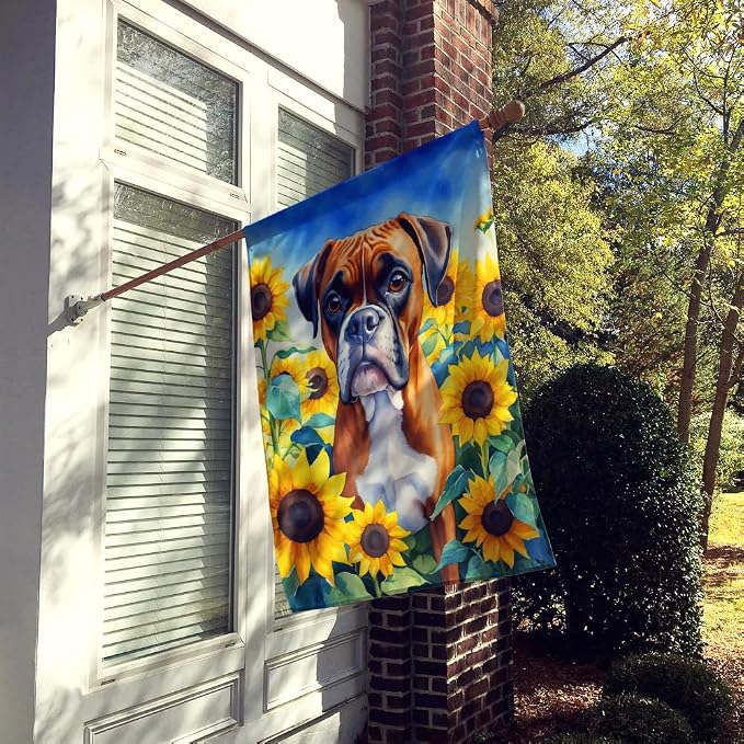 Caroline's Treasures DAC6037CHF Boxer in Sunflowers House Flag Large Porch Sleeve Pole Decorative Outside Yard Banner Artwork Wall Hanging, Polyester, House Size, Multicolor