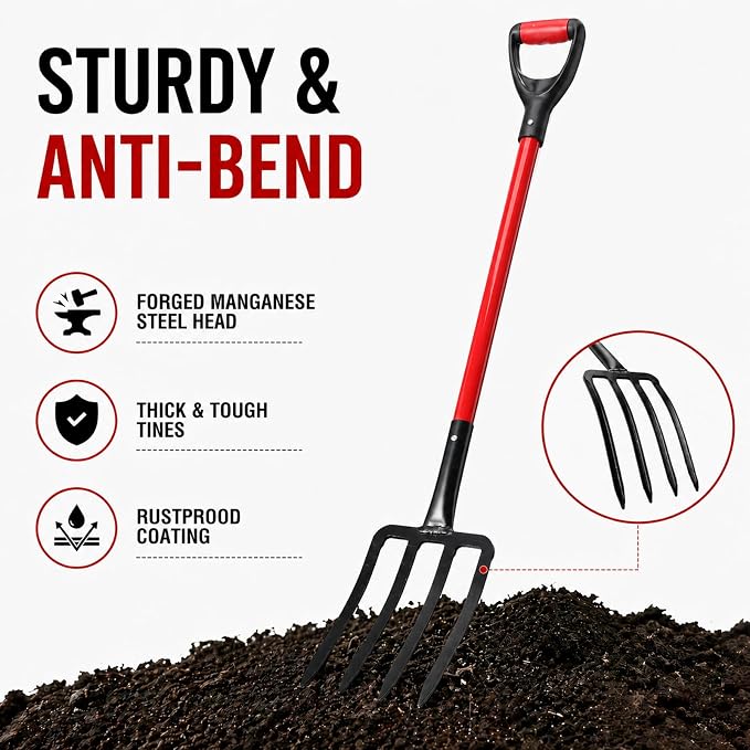 Garden Fork, 44-Inch One-Piece 4-Tine Digging Fork with Fiberglass Handle | Forged steel 4-tine fork for compost turning, soil loosening, mulch spreading, and raised bed gardening
