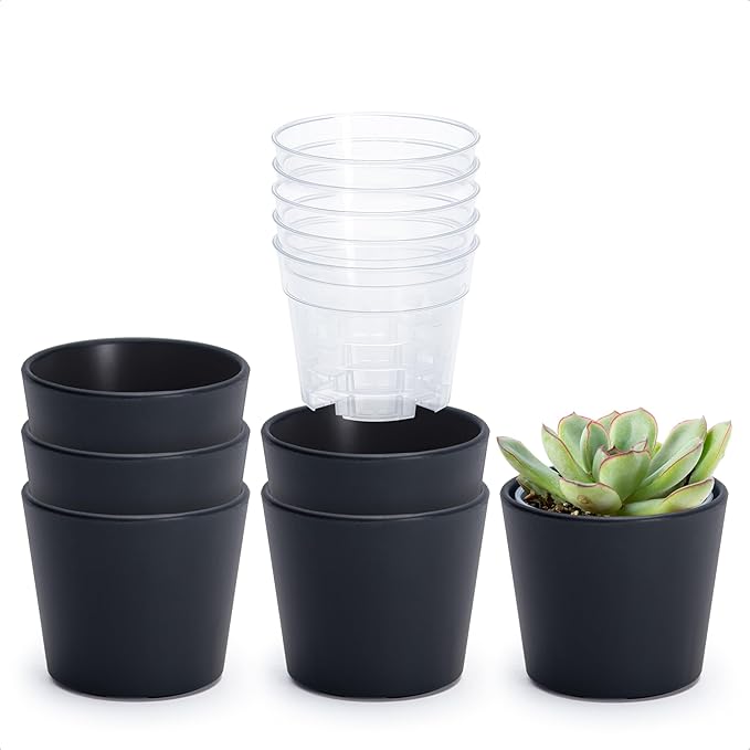 Phoenix Vine 3.5 Inch Black Plastic Cachepot with Clear Nursery Pot, Decorative Lightweight Planter Cover with Transparent Inner Pot for Indoor Houseplants, Pack of 6, 24-A-E-6