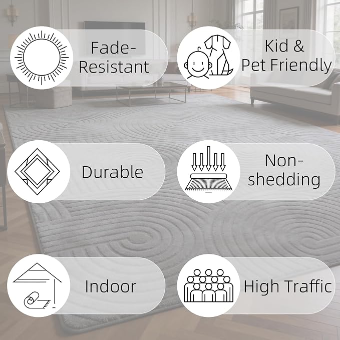 Grey Geometric 5x7 Solid Area Rug, Washable for Living Room Bedroom | Ultra Soft Thick Boho High-Low Pile Textured Indoor Carpet, Fluffy, Non-Slip Rugs for Bedside, Kids Room, Nursery,Home Office