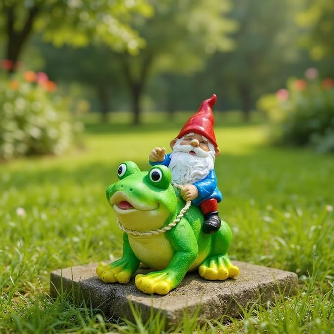 Resin Miniature Frog Decor and Garden Gnome Statue, 5.5-Inch Yard Art Outdoor Decorations for Patio Porch Desk, Cute Whimsical Frog Gifts for Women and Garden Lovers