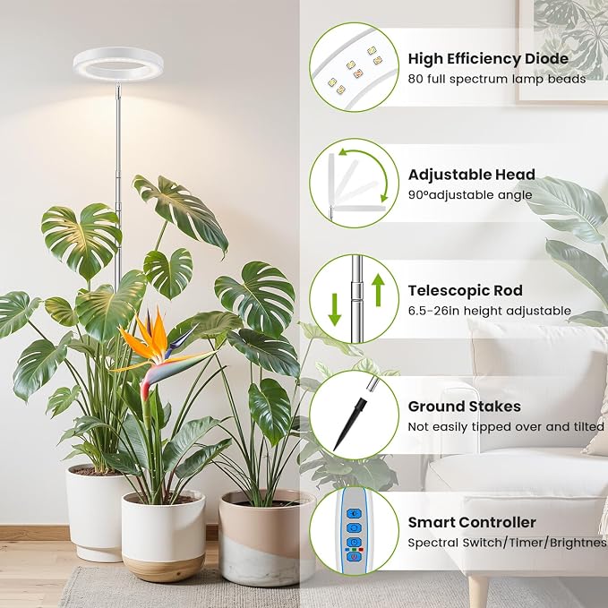 Kullsinss White Grow Light, Full Spectrum LED Plant Lighs for Indoor Growing with 6/12/16H Timer, 3 Color Modes, 5 Brightness, 10"-60" Height Adjustable Plant Lamp for Tall Indoor Plants (3 Pack)