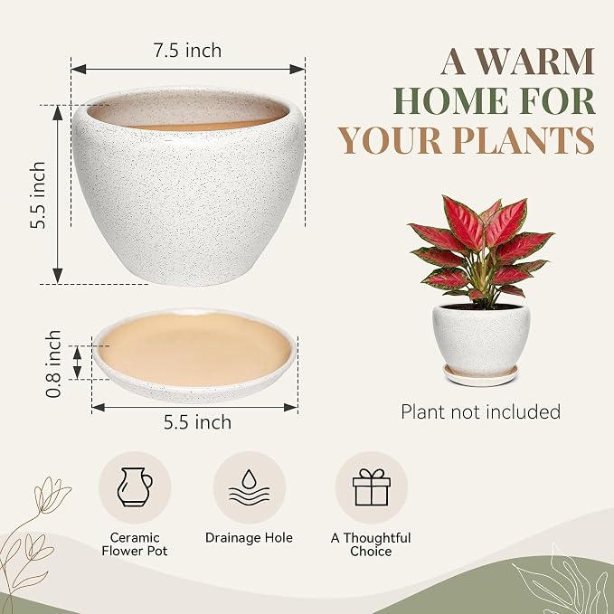 7.5 Inch Ceramic Plant Pot with Drainage Hole Mesh Net,Modern Gardening Pots for Indoor Plants with Saucer, Waxen White